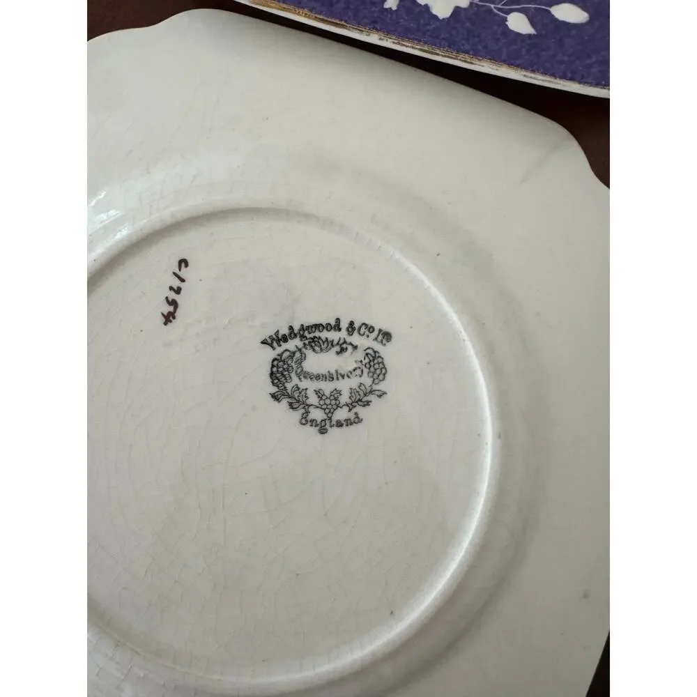 Wedgwood & Co Ltd Queens Ivory England 6 Purple Plates Floral Basket Vintage